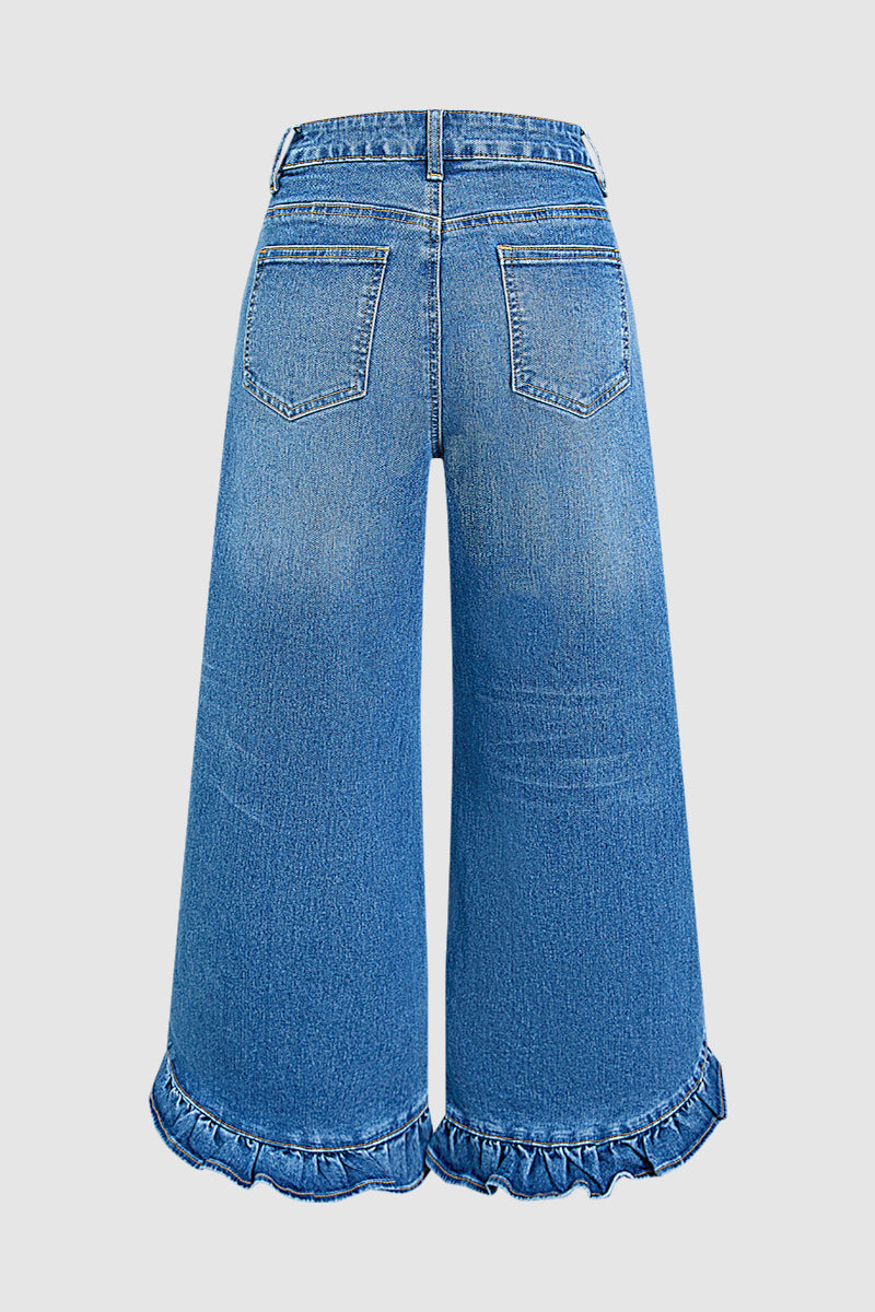 Wash Ripped Ruffle Hem High Rise Wide Leg Jeans
