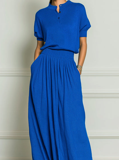Chic Elegant Royal Blue Henley Neck Short-Sleeve Loose-Fit Sweater A-Line Maxi Skirt Knit Two-Piece Set