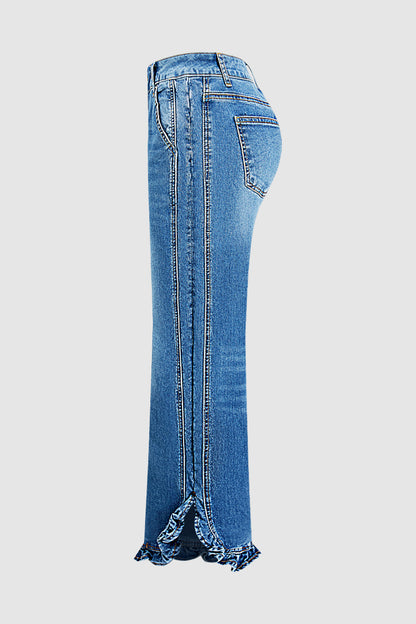 Wash Ruffle Trim Split Hem Mid Rise Wide Leg Jeans
