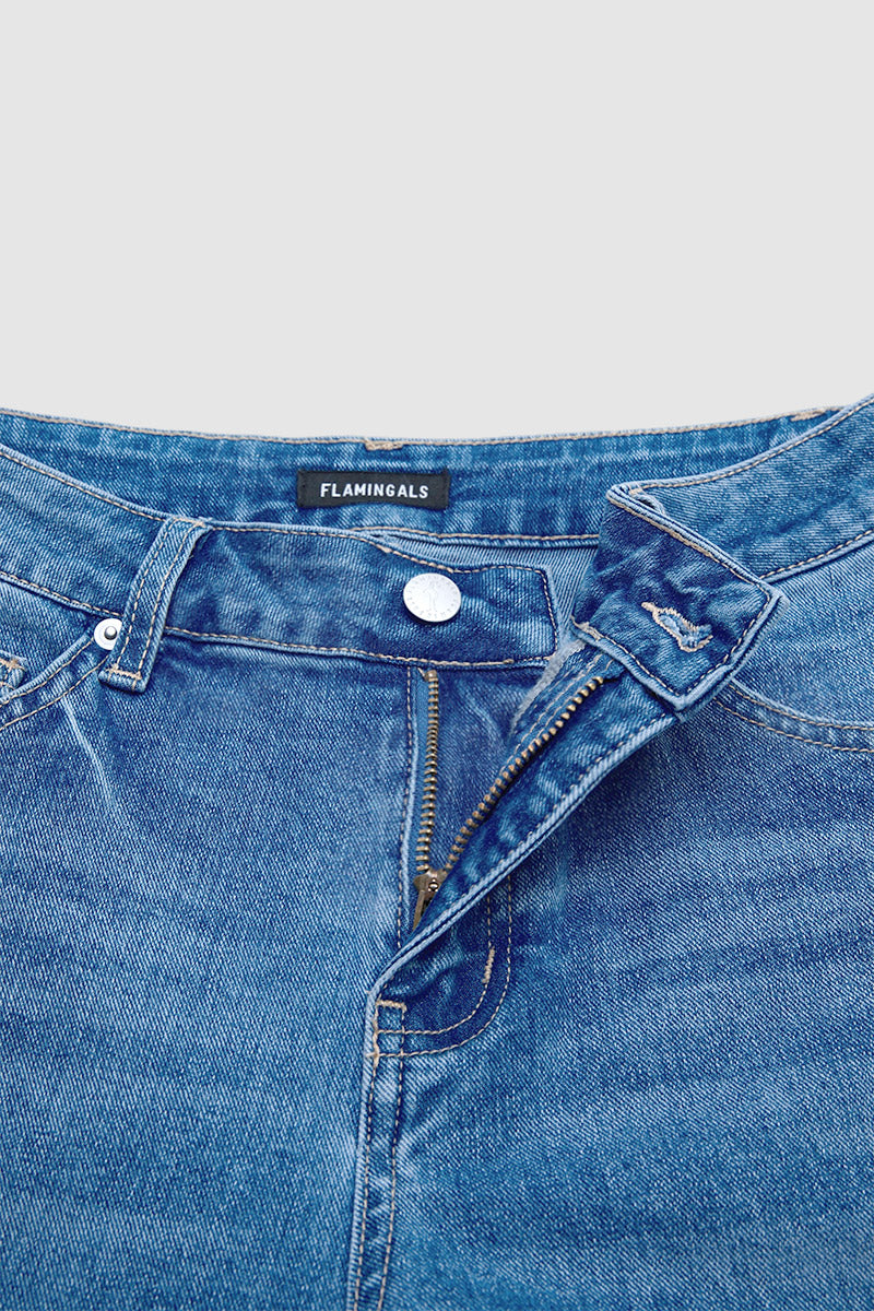 Wash Raw Hem Ripped Mid Waist Straight Leg Crop Jeans Without Belt