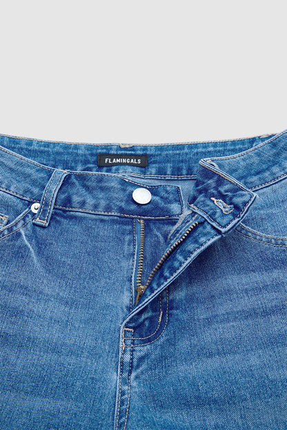 Wash Raw Hem Ripped Mid Waist Straight Leg Crop Jeans Without Belt