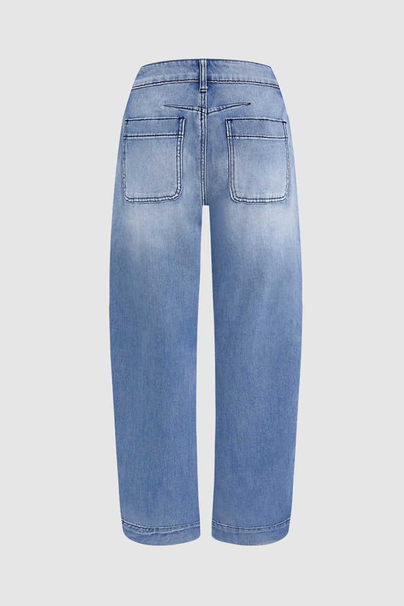 Wash Stitch Detail Mid Rise Barrel Leg Crop Jeans Without Belt
