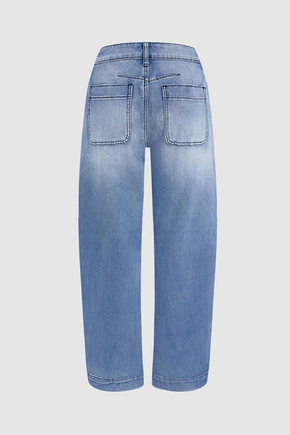 Wash Stitch Detail Mid Rise Barrel Leg Crop Jeans Without Belt