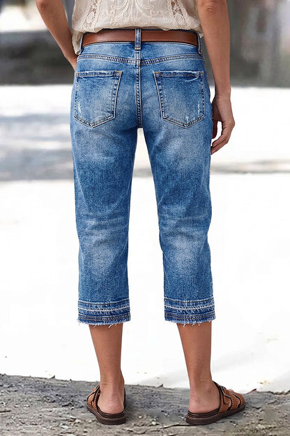 Wash Raw Hem Mid Waist Straight Leg Capri Jeans Without Belt