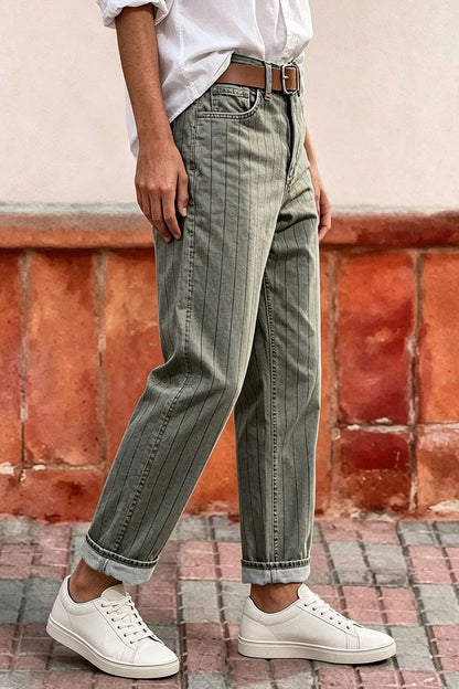Pinstriped Roll Hem High Waist Straight Leg Cropped Pants Without Belt