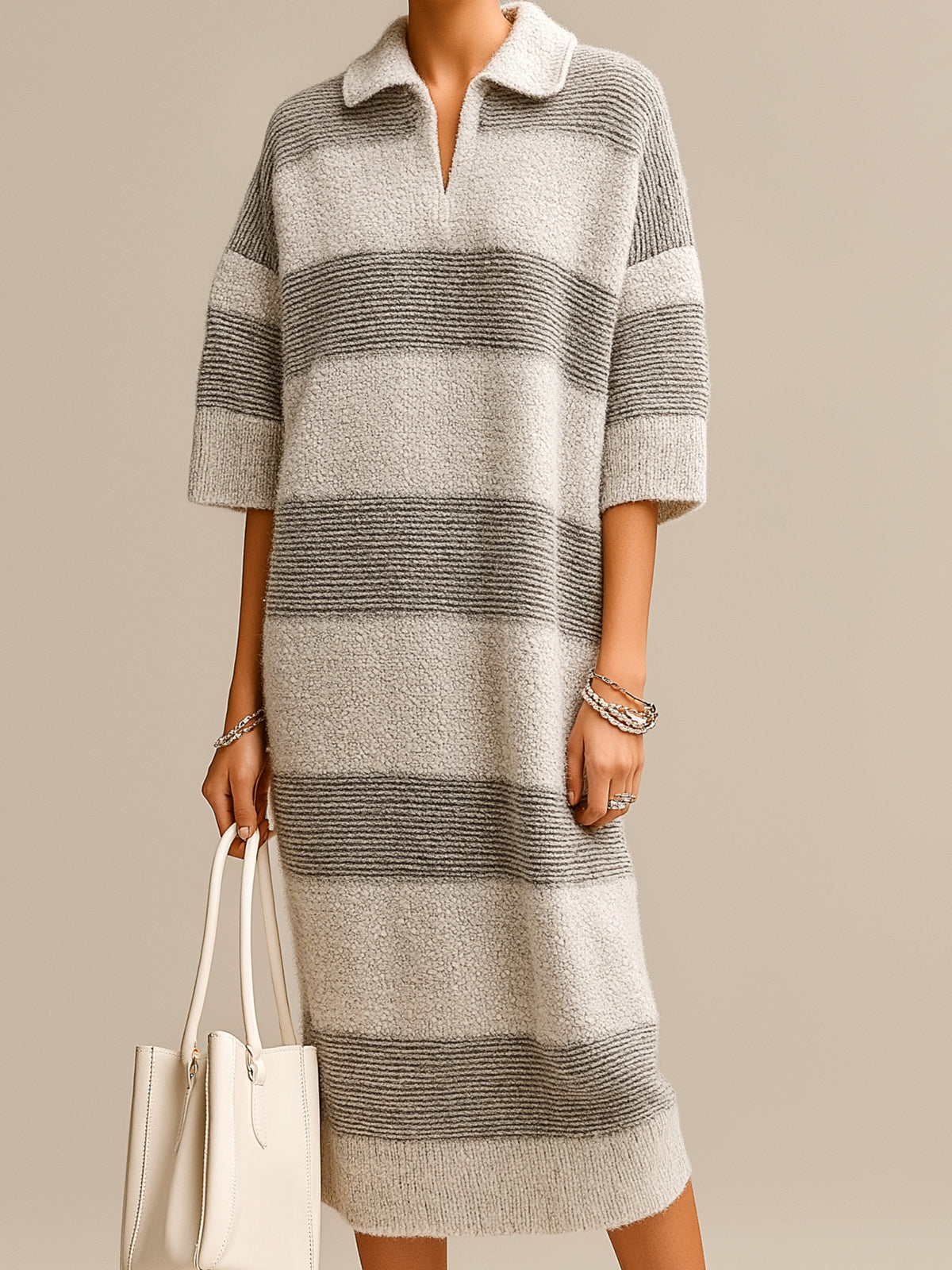 Chic Casual Gray Colorblock Stripes Lapel V-Neck Short-Sleeve Oversize Knit Midi Dress