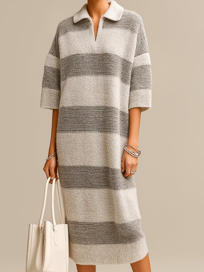 Chic Casual Gray Colorblock Stripes Lapel V-Neck Short-Sleeve Oversize Knit Midi Dress