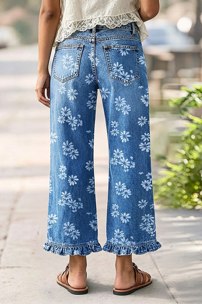 Floral Print Ruffle Hem Split Mid Waist Wide Leg Crop Jeans