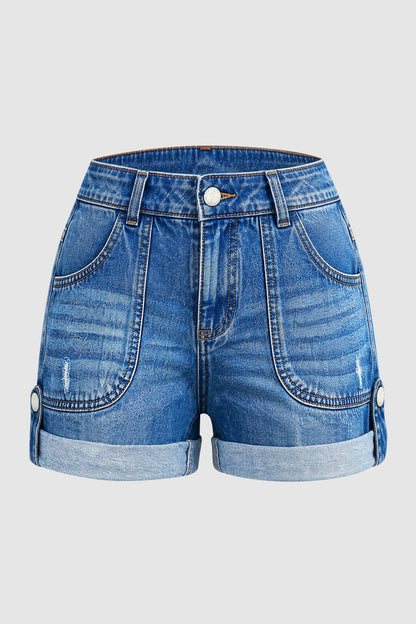 Roll Hem Button Tab Ripped Mid Waist Denim Shorts