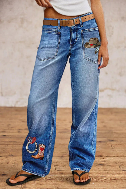 Wash Embroidery Mid Waist Straight Leg Jeans Without Belt