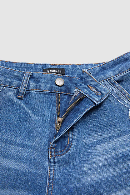 Wash Side Button Detail Split Mid Waist Wide Leg Jeans Without Belt