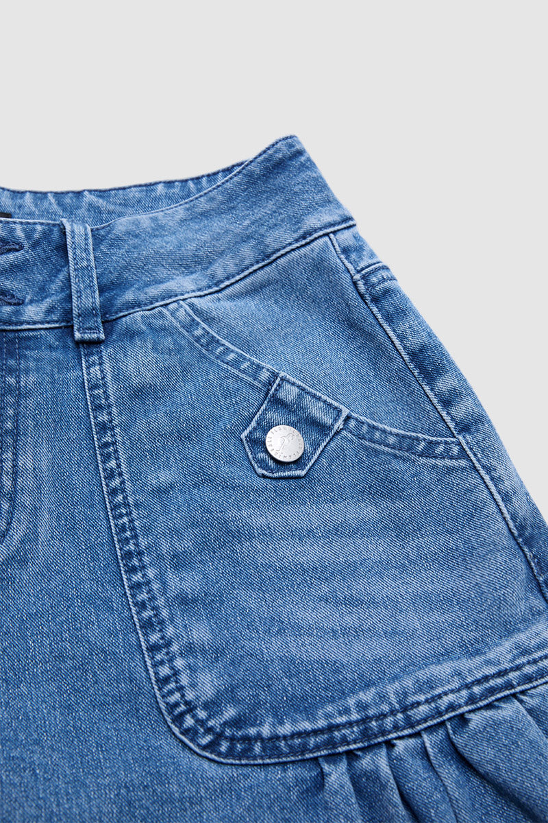 Wash Patch Pocket Drawstring Hem Mid Rise Cropped Wide Leg Jeans