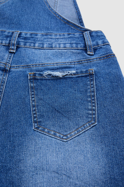 Wash Ripped Raw Hem Patch Pocket Denim Shortalls
