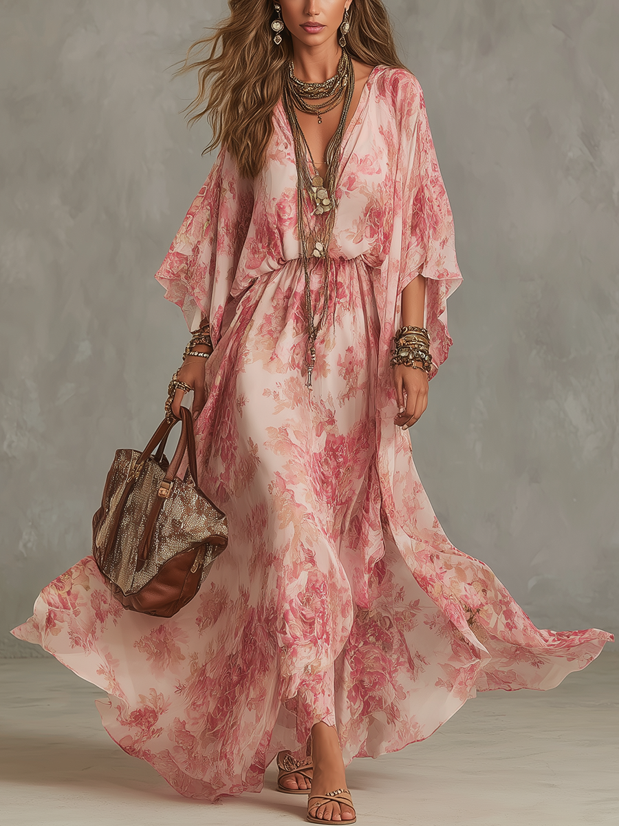 Robe longue fluide rose clair à imprimé floral