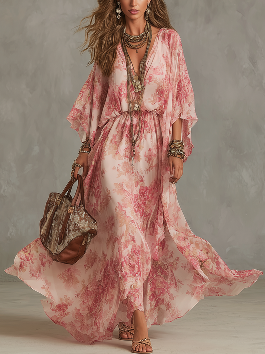 Robe longue fluide rose clair à imprimé floral