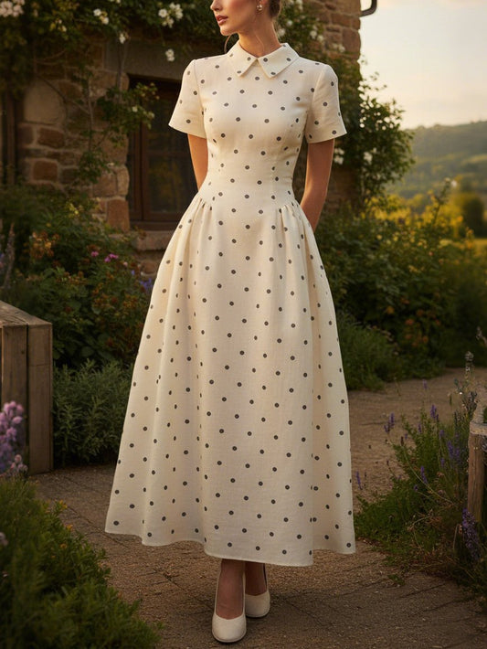Robe longue en lin, manches courtes, col châle, pois, esprit vintage français, blanc cassé
