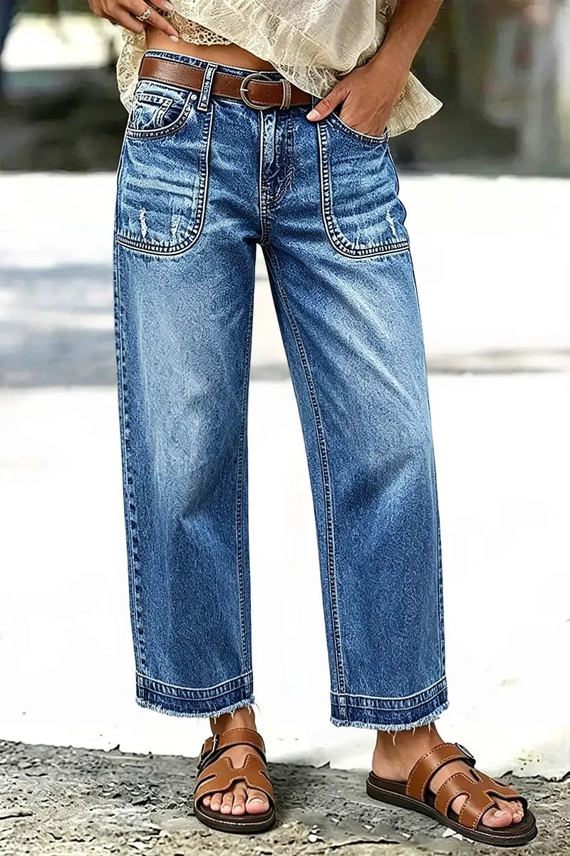 Wash Ripped Raw Hem Mid Rise Straight Leg Crop Jeans