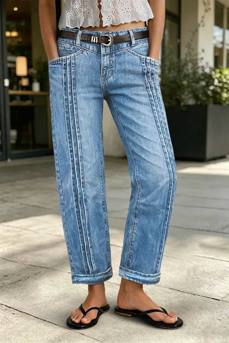 Wash Pleated High Rise Straight Leg Crop Jeans Without Belt