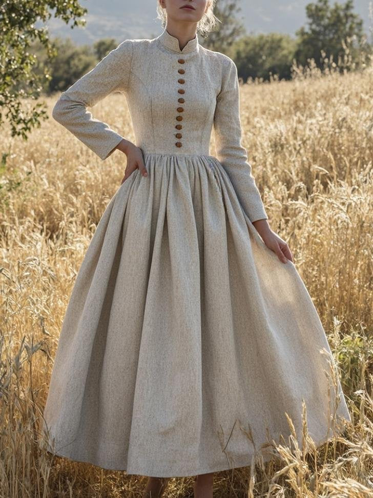Robe longue en lin, manches longues, col montant, mélange de lin, unie, vintage, abricot