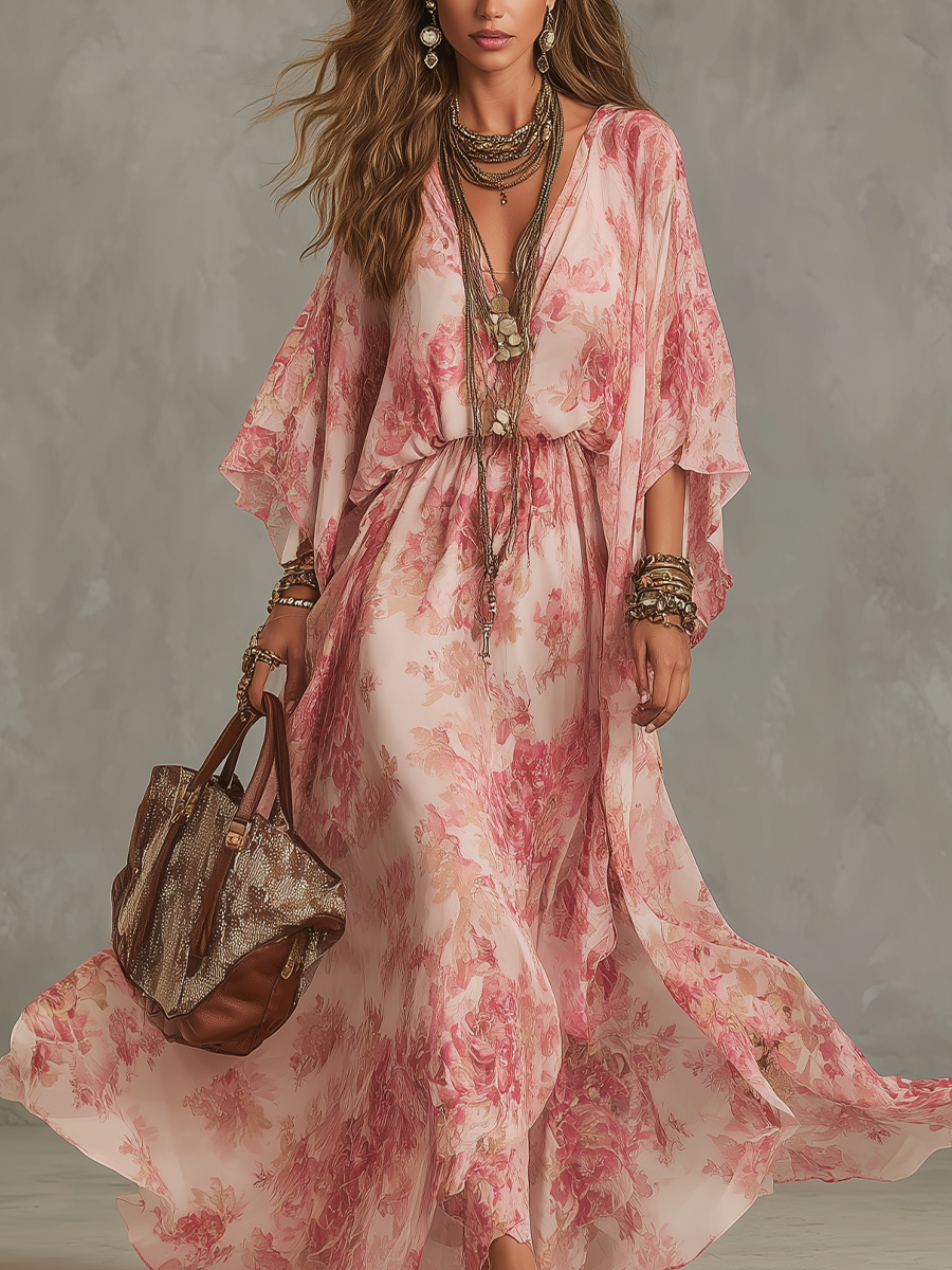 Robe longue fluide rose clair à imprimé floral