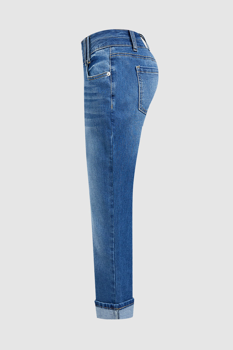 Roll Hem Dual Button High Waist Straight Leg Capri Jeans