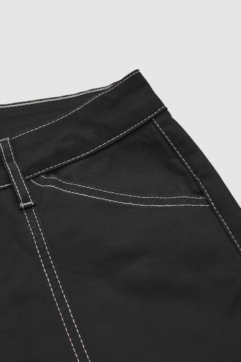 Contrast Stitch Mid Rise Wide Leg Crop Pants