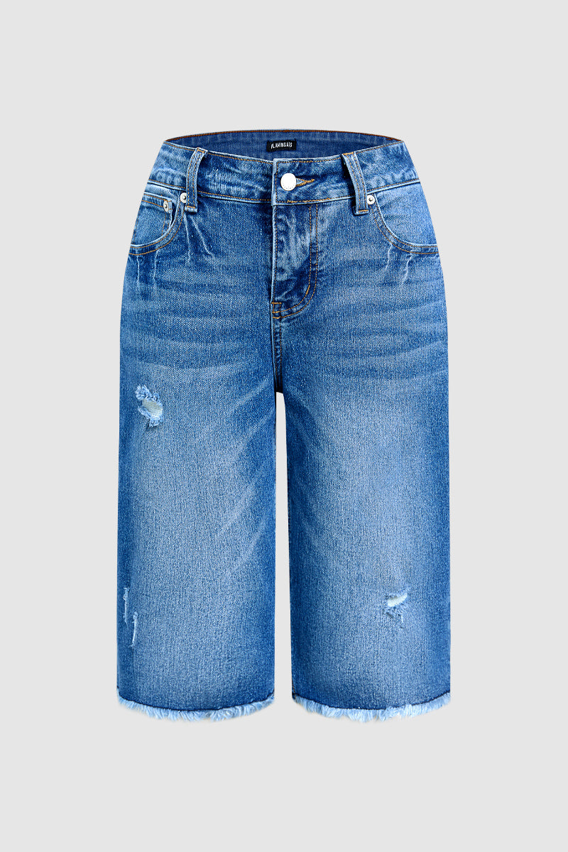 Raw Hem Ripped High Waist Denim Bermuda Shorts