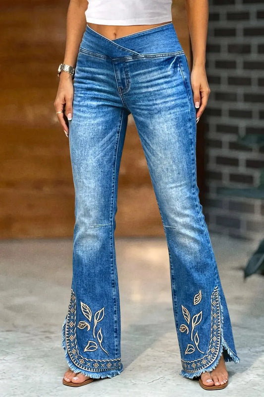 Plant Embroidery Raw Hem Asymmetrical Split Mid Waist Flare Jeans