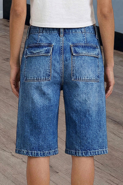 Wash Flap Pocket Drawstring Mid Rise Denim Bermuda Shorts