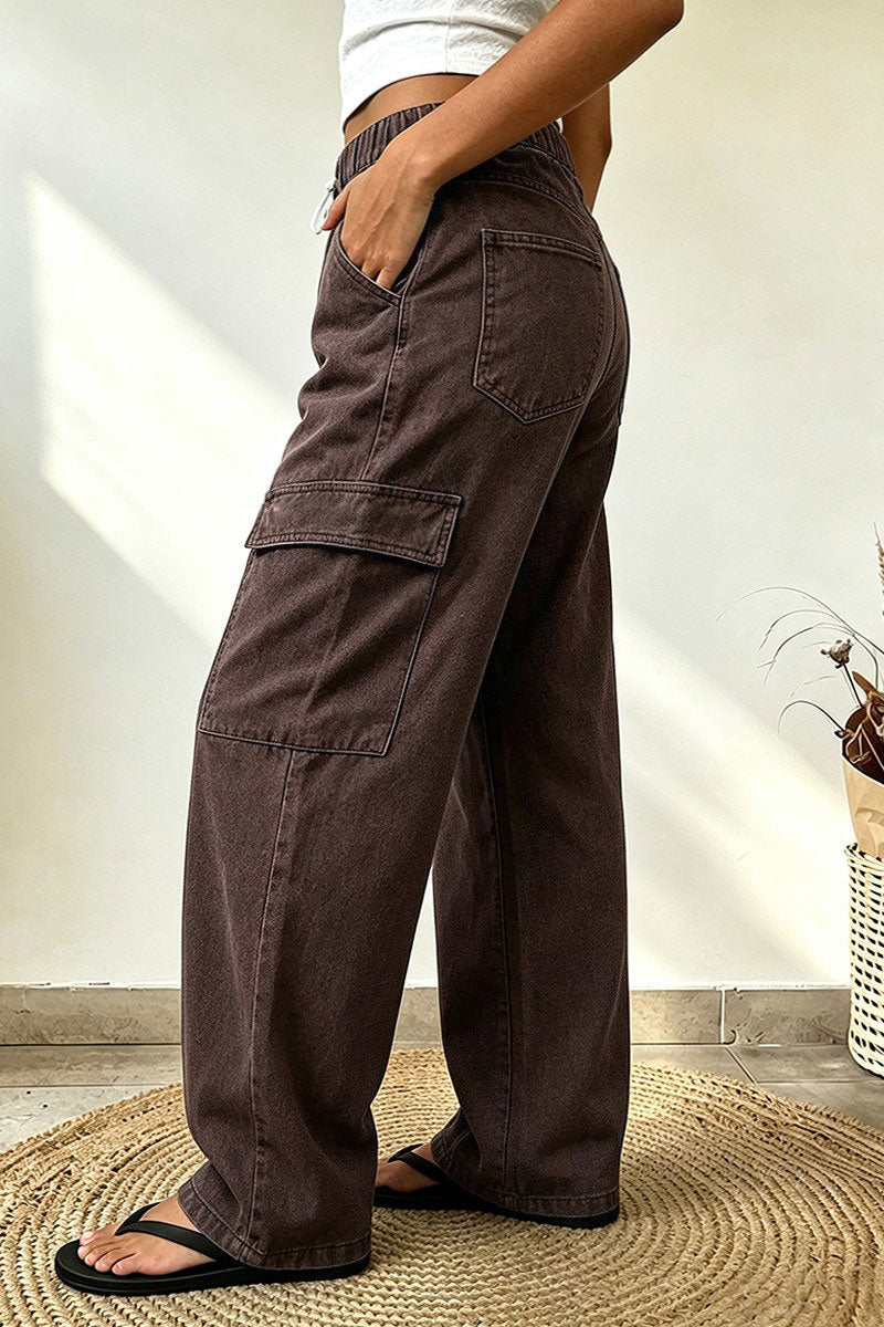 Solid Flap Pocket Drawstring Elastic Mid Waist Wide Leg Cargo Pants