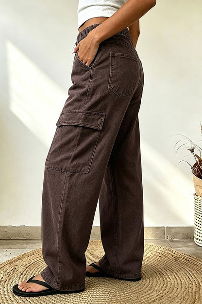 Solid Flap Pocket Drawstring Elastic Mid Waist Wide Leg Cargo Pants