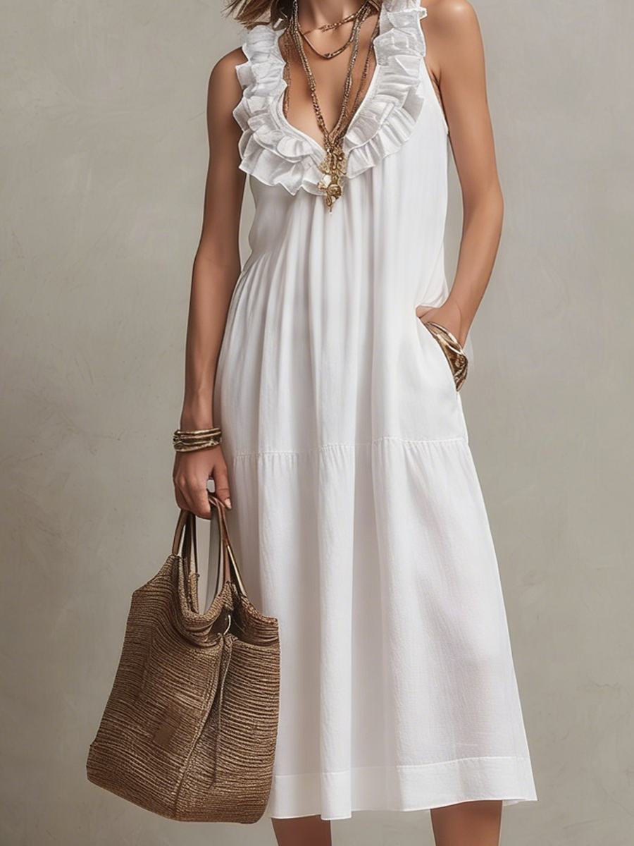 Robe décontractée blanche à volants et col en V