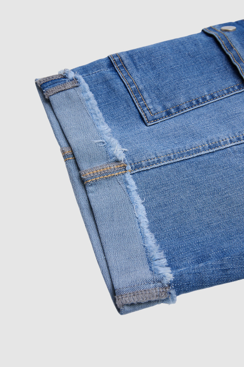 Raw Hem Stitch Detail Mid Waist Denim Cargo Bermuda Shorts