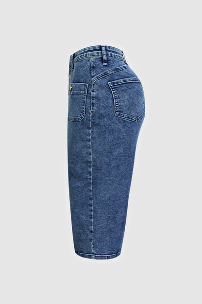 Wash Split Hem Button Up Midi Denim Skirt Without Belt