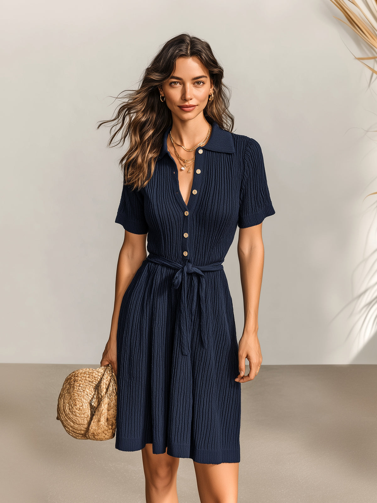 Chic Vintage Navy Blue Lapel Collar Button-Front Short-Sleeve Tie-Waist Ribbed Knit A-Line Mini Dress