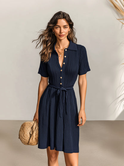 Chic Vintage Navy Blue Lapel Collar Button-Front Short-Sleeve Tie-Waist Ribbed Knit A-Line Mini Dress