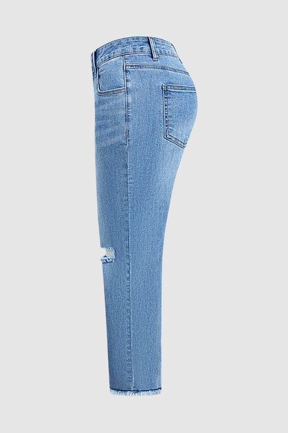 Wash Ripped Raw Hem Mid Rise Straight Leg Crop Jeans