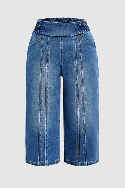 Stitch Detail Shirred High Waist Wide Leg Capri Jeans