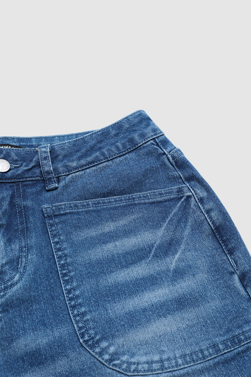 Wash Patched Pocket Mid Waist Straight Leg Crop Jeans Without Belt