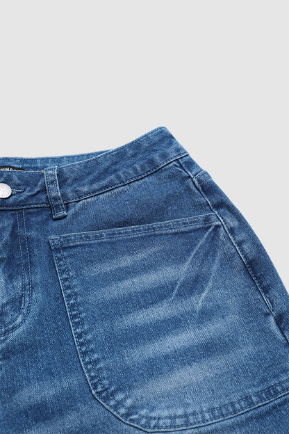 Wash Patched Pocket Mid Waist Straight Leg Crop Jeans Without Belt