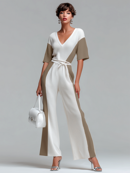 Stylish Elegant White Contrast V-Neck Short-Sleeve Loose-Fit Tie-Waist Wide-leg Knit Jumpsuit