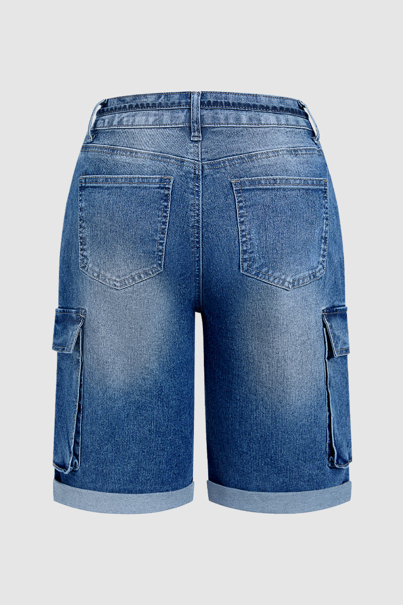 Wash Flap Pocket Roll Hem Belted High Rise Denim Bermuda Shorts