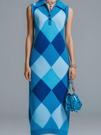 Chic Elegant Blue Colorblock Argyle Pattern Lapel V-Neck Sleeveless Loose-Fit Ribbed Knit Maxi Dress