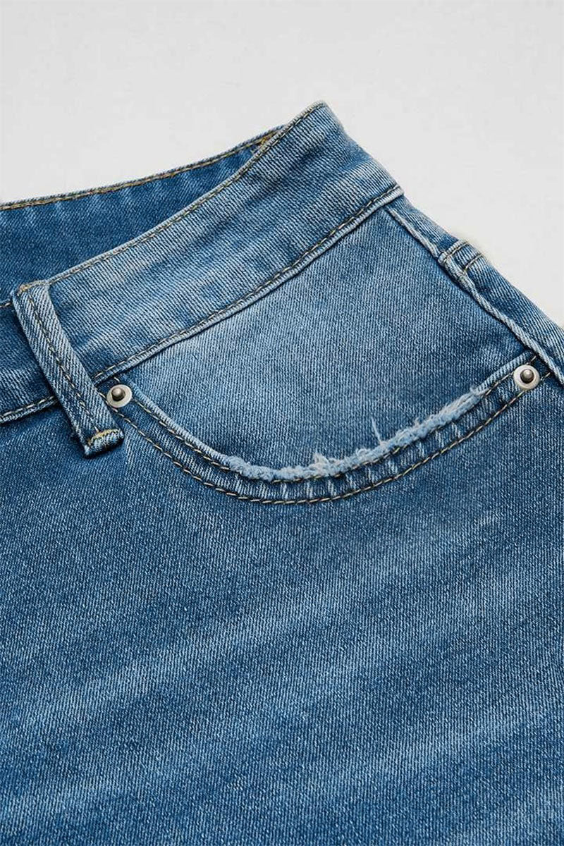 Wash Raw Hem Ripped Mid Rise Crop Straight Leg Jeans