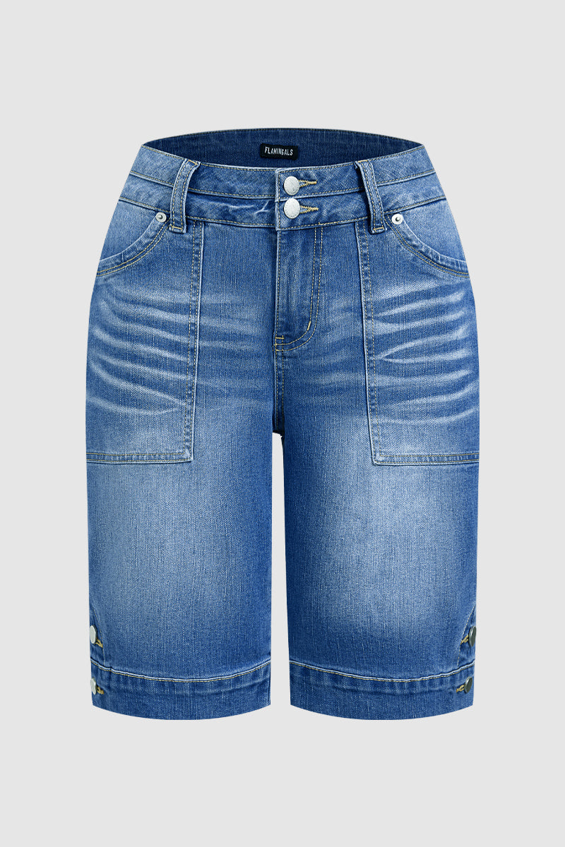 Wash Dual Button Mid Waist Straight Leg Denim Bermuda Shorts