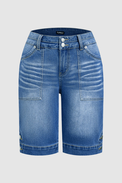 Wash Dual Button Mid Waist Straight Leg Denim Bermuda Shorts