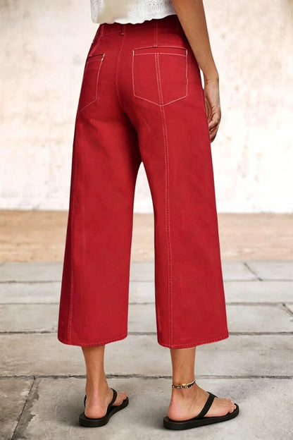 Contrast Stitch Mid Rise Wide Leg Crop Pants