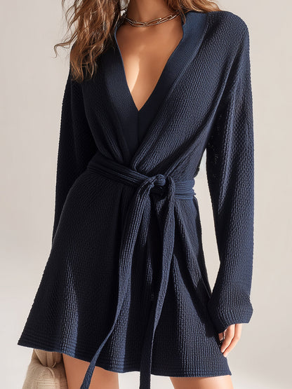Chic Elegant Navy Deep V-Neck Long-Sleeve Loose-Fit Tie-Waist A-Line Knit Mini Dress
