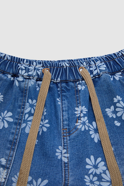 Floral Print Patch Pocket Drawstring Elastic Mid Rise Barrel Leg Crop Jeans