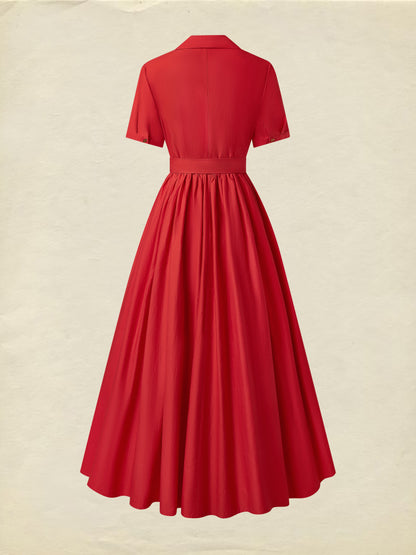 Robe longue en coton, unie, poches décoratives, col châle, mélange de lin, ceinture, vintage, manches courtes, rouge